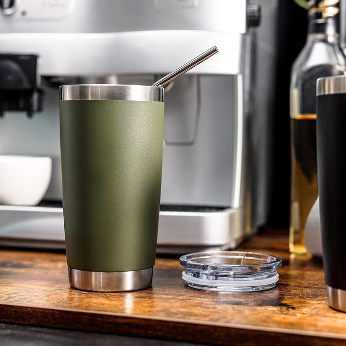 COMOOO 20oz Double Wall Vacuum Insulated Travel Mug, Stainless Steel Tumbler with Lid and Straw Durable Powder Coated Insulated Coffee Cup for Cold & Hot Drinks（Army Green, 6 Pack）
