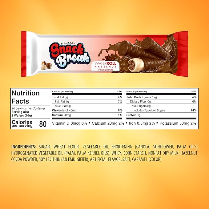 Snack Break Hazelnut Wafer Rolls, Rolled Wafer Cookies, Cocoa Coated Delicious Snack, Individually Wrapped, Crunchy Sticks for On-the-Go, Coffee, Tea, 24 Count (Pack of 1)