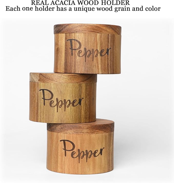Acacia Wood Spice Box with Swivel Cover for Kitchen Countertop,Salt Keeper with Built-in Spoon,Modern Farmhouse Kitchen Decoror for Storing Seasonings (Labeled Salt & Pepper)