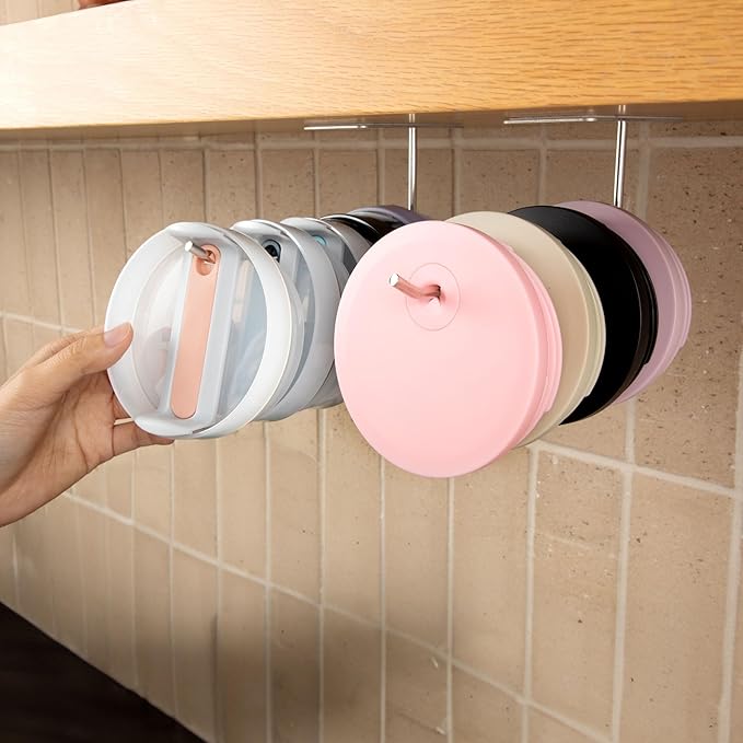 ELYPRO - Tumbler Lid Organizer, 2-Pack - Under-Cabinet Cup Lid Holder for Stanley, Yeti, Hydro Flask, Universal Self-Adhesive or Mounting Hook for Kitchen, Steel (Straw Lids)