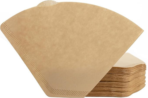 Stack of brown cone-shaped paper coffee filters on white background