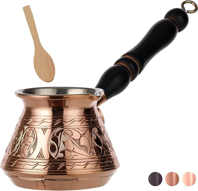 DEMMEX Thickest Copper Turkish Greek Arabic Coffee Pot, Stovetop Coffee Maker, Cezve Ibrik Briki with Wooden Handle & Spoon, Hand Engraved