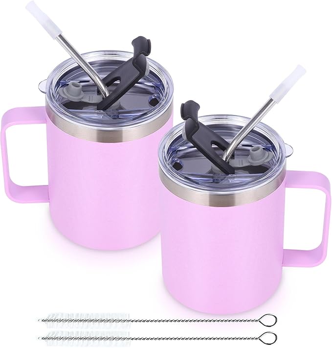 Volhoply 12oz Insulated Leakproof Coffee Mug with Flip & Straw Lid Bulk 2 Pack,Double Wall Vacuum Stainless Steel Travel Tumbler Cup with Handle,Reusable Camping Mugs Keep Cold/Hot(Purple,2 Set)