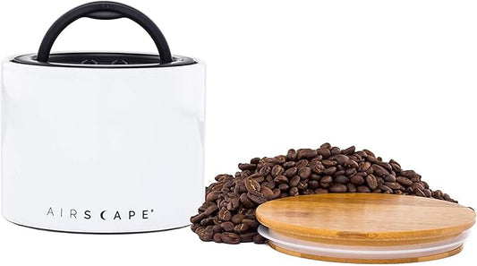 AirScape Planetary Design Ceramic Coffee and Food Storage Canister – Small 4-inch – US Patented Airtight Inner Lid – White with Bamboo Top