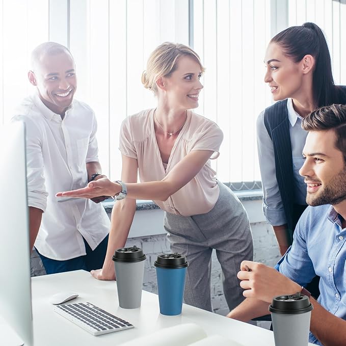 LITOPAK 100 Pack 16 oz Disposable Paper Coffee Cups with Lids for Coffee, Water, Juice, or Tea, Blue and Gray Hot Paper Cups for Home, Restaurant, Store, and Cafe