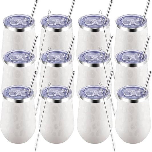 MEWAY 12oz Insulated Wine Tumbler Bulk, Double Wall Vacuum Stainless Steel Travel Tumbler with Straw,12 pack of wine tumbler(Almond Leopard,Set of 12)
