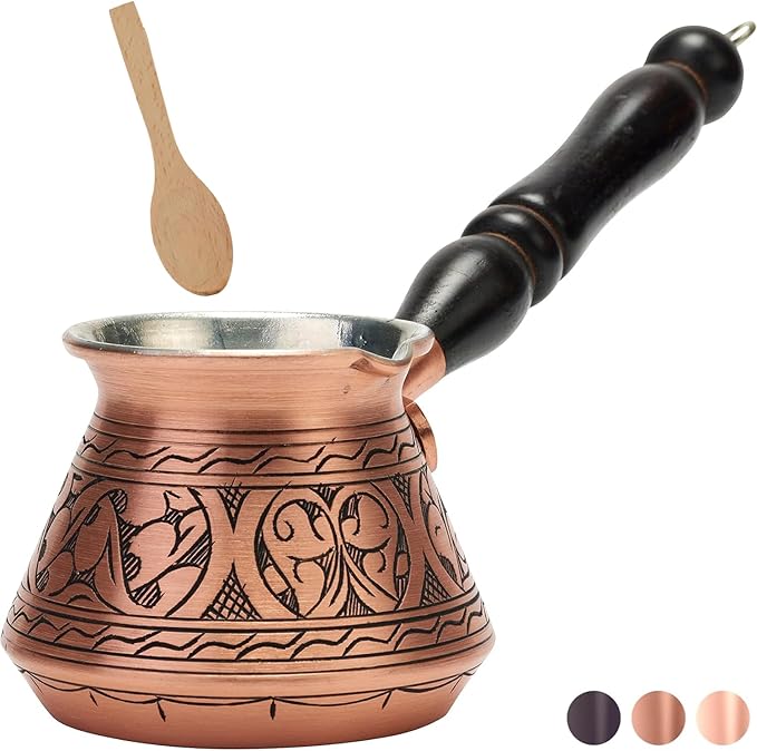 DEMMEX Thickest Copper Turkish Greek Arabic Coffee Pot, Stovetop Coffee Maker, Cezve Ibrik Briki with Wooden Handle & Spoon, Hand Engraved (Matte Copper, 9 Ounces)