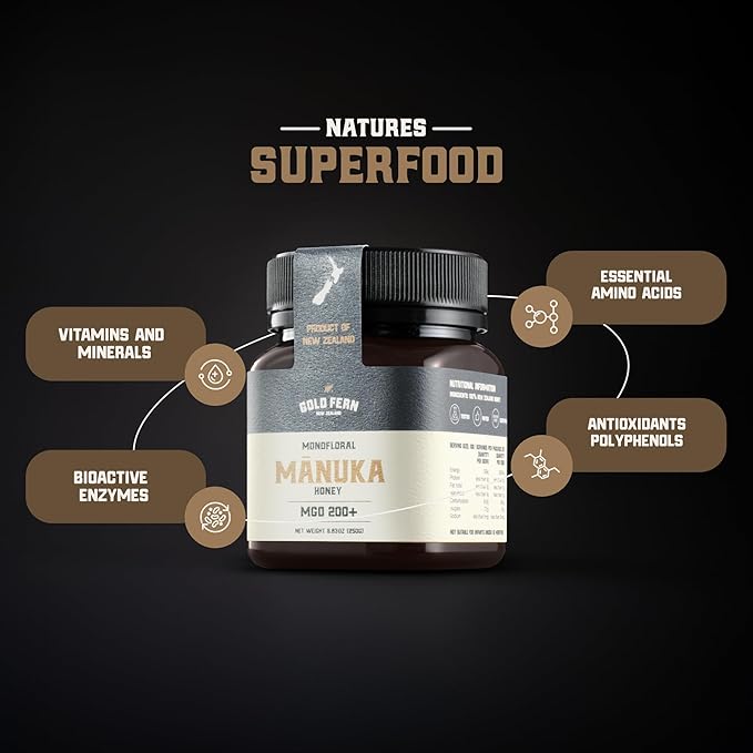 Gold Fern Honey - Raw New Zealand Manuka Honey | 8.8oz MGO 200+ | Pure, Natural, Unpasteurized, and Unfiltered Superfood Honey, Traceable from Hive to Hand.