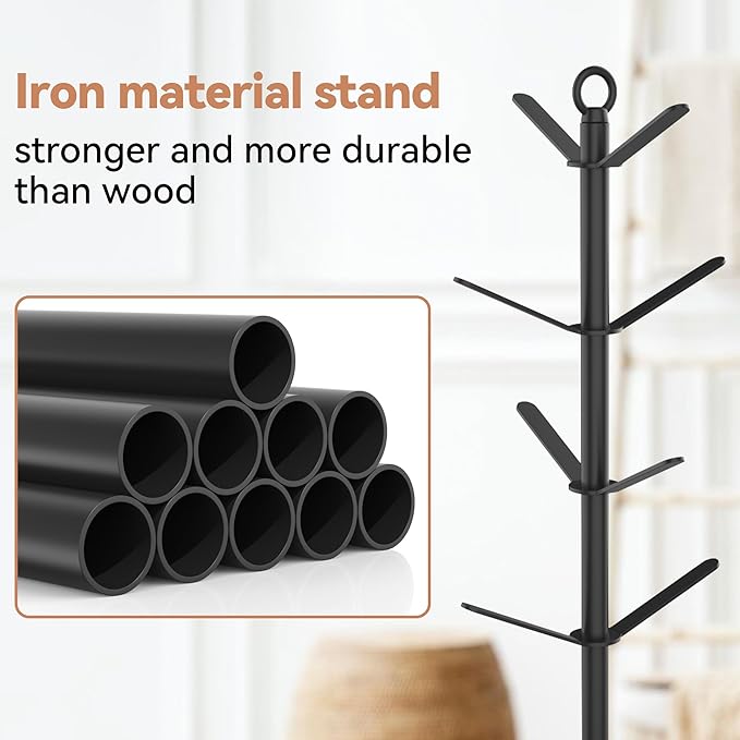 simesove Coffee Cup Holder with Basket, Non-Slip Cup Tree with 8 Hooks for K-Cups and Saucers, Wooden Stand Organizer for Counters, Bars and Kitchen Home Decor (Natural)