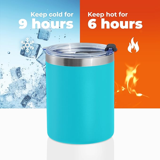 MEWAY 12 oz Lowball, Tumbler Stainless Steel Double Wall Vacuum Insulated Mug with Straw and Lid, Cleaning Brush ，Durable Powder Coated Insulated Coffee Cup for Cold & Hot Drinks (Light Blue,4 pack)