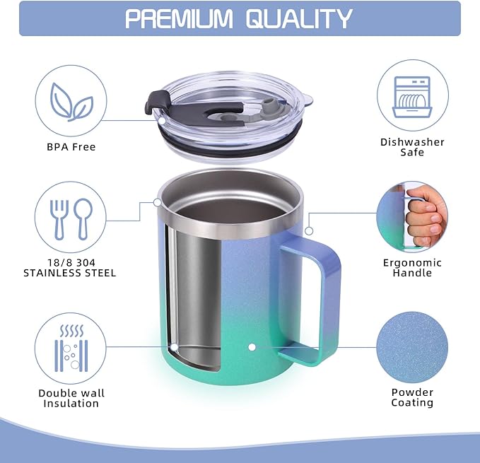 Volhoply 12oz Insulated Leakproof Coffee Mug with Flip & Straw Lid Bulk 2 Pack,Double Wall Vacuum Stainless Steel Travel Tumbler Cup with Handle,Camping Mugs Keep Cold/Hot(Purple Green,2 Set)