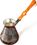 14 Oz Copper Turkish Greek Arabic Engraved Coffee Pot Stovetop Coffee Maker Cezve Ibrik Briki with Wooden Handle