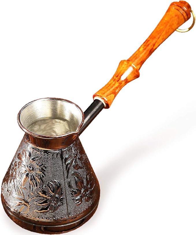 14 Oz Copper Turkish Greek Arabic Engraved Coffee Pot Stovetop Coffee Maker Cezve Ibrik Briki with Wooden Handle