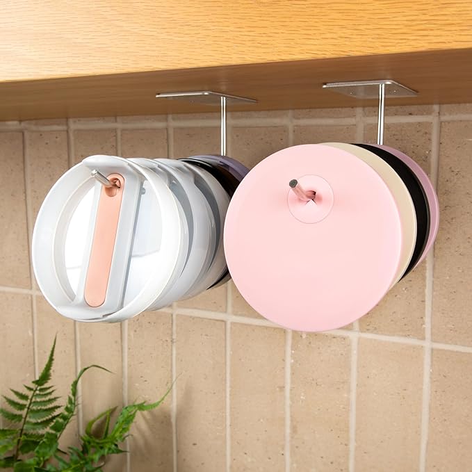 ELYPRO - Tumbler Lid Organizer, 2-Pack - Under-Cabinet Cup Lid Holder for Stanley, Yeti, Hydro Flask, Universal Self-Adhesive or Mounting Hook for Kitchen, Steel (Straw Lids)