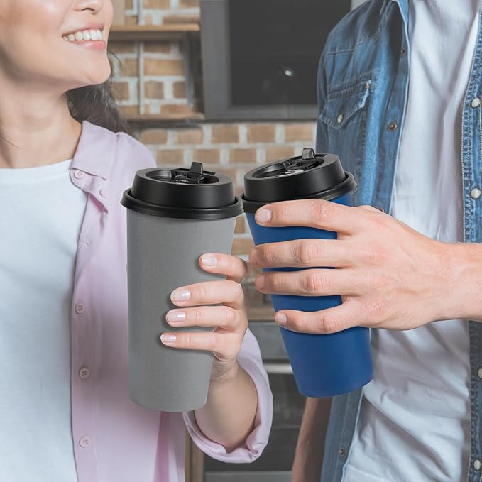 LITOPAK 100 Pack 20 oz Disposable Paper Coffee Cups with Lids for Coffee, Water, Juice, or Tea, Blue and Gray Hot Paper Cups for Home, Restaurant, Store, and Cafe