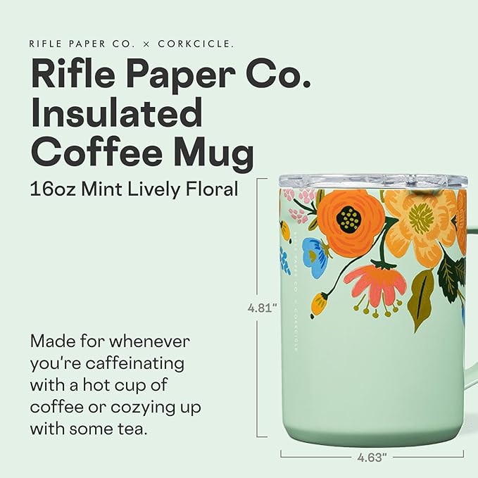 Corkcicle x Rifle Paper Co. Triple Insulated Coffee Mug with Lid & Handle - Keeps Beverages Hot for 3+ Hours - Gift for Mom - Great for Mother's Day or Christmas - 16 oz - Mint Lively Floral
