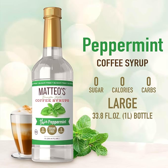 Matteo's Peppermint Syrup for Coffee, Lattes, Cappuccinos & Desserts – Sugar-Free Sweetener for Beverages, Keto Friendly, Zero Calories, Indulgent Flavor, Non-Alcoholic, Ideal for Coffee 33.8oz (6pk)