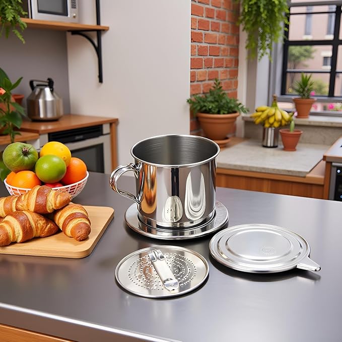 Silver Vietnamese Coffee Filter Stainless Steel Pot Drip Infuse Cup Brewing Teapot No Need Paper Drip Coffee Pot Machine Filter for Home Kitchen Office Outdoor ﻿
