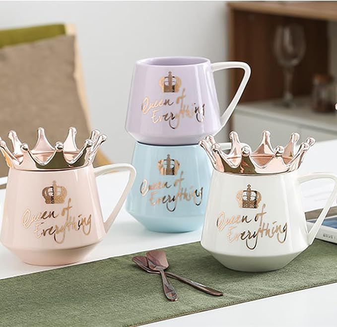 Queen of Everything Mug with Lid Sweet White Mug with Crown Coffee Mugs Gift with Spoon & Coaster 12 oz Ceramic Cup Birthday Gift for Women Girls Mom Girlfriend Mothers Day Gifts for Women