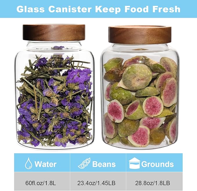 Glass Spice Jar Coffee Sugar Container Airtight Glass Jar Food Storage Canisters Bottle for Kitchen Seasoning Tea Herb Overnight Oats Bar Parfait Snacks (1800(60oz)-2 pack-no spoon)