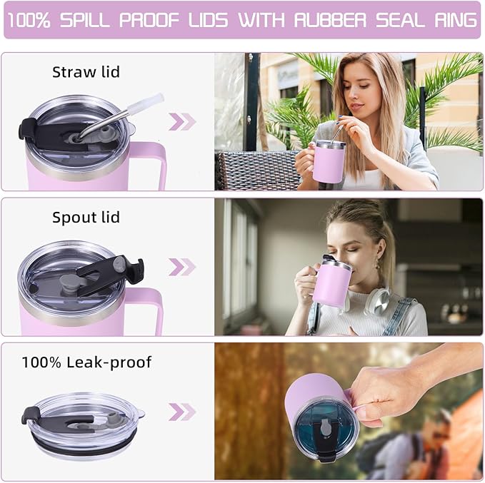 Volhoply 12oz Insulated Leakproof Coffee Mug with Flip & Straw Lid Bulk 4 Pack,Double Wall Vacuum Stainless Steel Travel Tumbler Cup with Handle,Camping Mugs Keep Cold/Hot(Purple,4 Set)