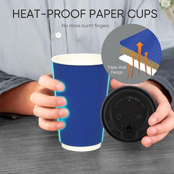 100 Pack 16 oz Disposable Coffee Cups with Lids and Straws, Insulated Ripple Wall To Go Paper Corrugated Cups, Bulk for Hot/Cold Drinks, Cafe Bar, Office, Chocolate, Cocoa (Navy)