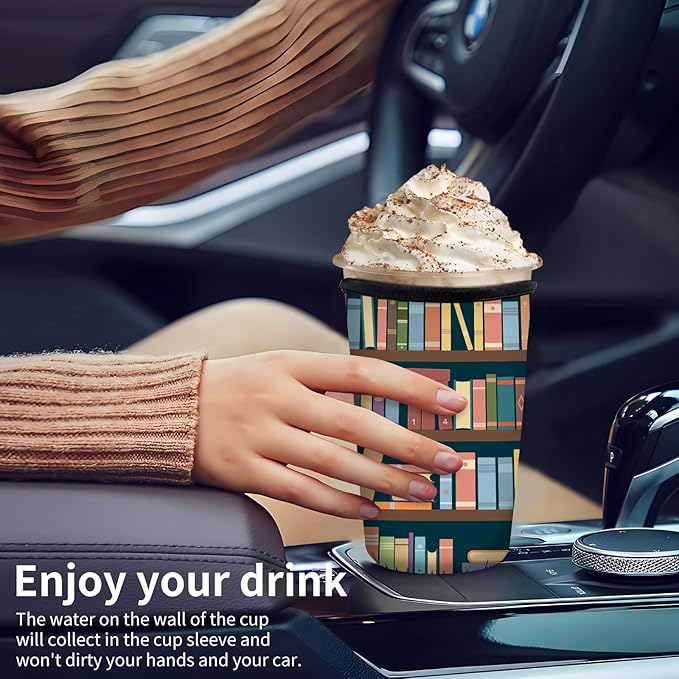 Reusable Neoprene Insulator Sleeve for Iced Coffee Cups, Medium 22-28oz Durable Drink Sleeve for Cold Beverages, Cute Beverage Holder Cup Sleeve for Women Men Cute Bookshelf