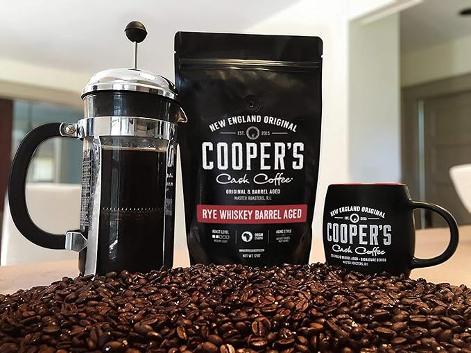 Rye Whiskey Barrel Aged Coffee, Medium Roast Ethiopian Beans Aged in Rye Whiskey Barrels,12 oz Bags, Ground