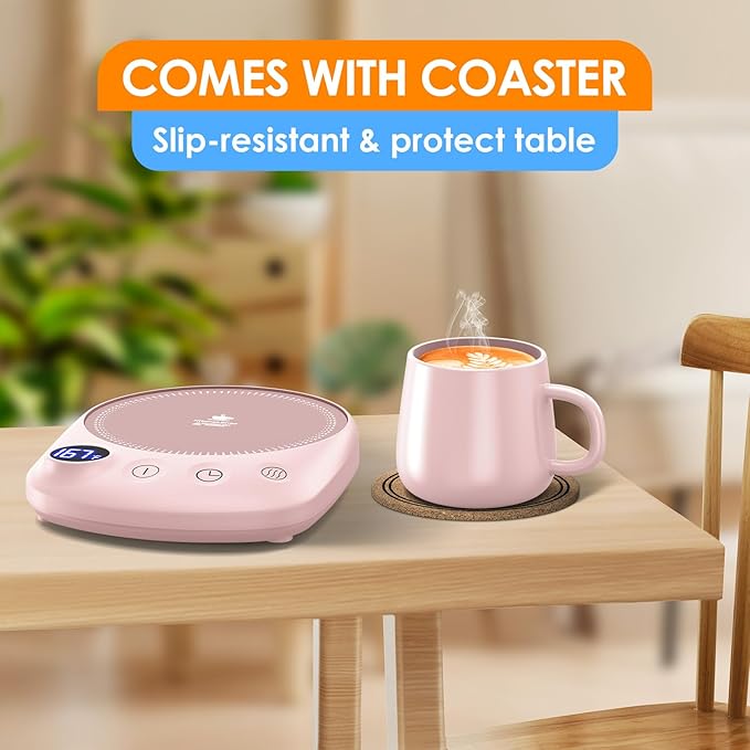 Coffee Mug Warmer - Fastest Heating & Highest Temperature, Coffee Cup Warmer for Desk Auto Shut Off, 4 Temp Settings & 1-12H Timer, Smart Electric Beverage Warmer for Coffee, Tea (Pink)