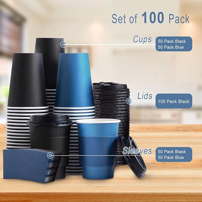 SIUQ 100 Pack 12 oz Coffee Cups with Lids, Disposable Paper Coffee Cups with Sleeves for Hot/Cold Drinks Parties, Picnic, Travel, and Events (Navy and Black)
