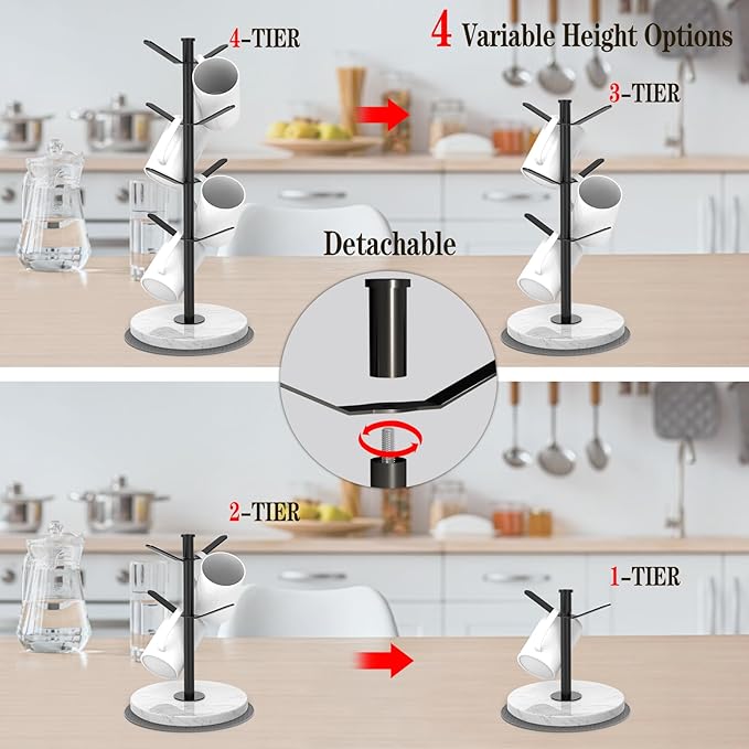 Marble Mug Holder Tree, 8 Hooks Coffee Cups Stand, New Upgraded Stable Mug Stand for Kitchen Counter Cabinet Cafe Black