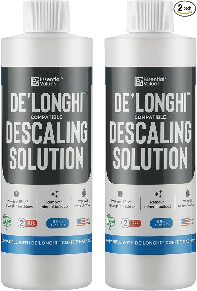 Essential Values Descaling Solution Compatible with De Longhi - Coffee Descaler - Coffee Maker Cleaner - Kettle, Espresso Machine Cleaning - 12 Month Supply 2-Pack