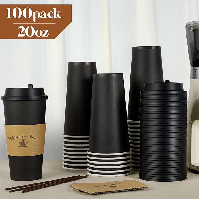 LITOPAK 50 Pack 20 oz Paper Coffee Cups for Hot Chocolate Drinks, Black Disposable Coffee Cups with Lids, Sleeves and Stirring Sticks for Parties, Picnic, Travel, and Events