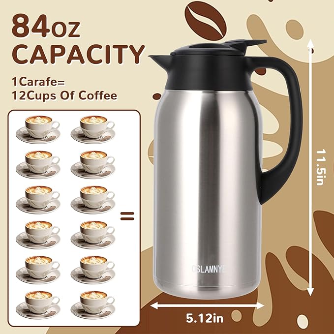 316Stainless Steel Coffee Carafe 84oz - 12 Hours Hot & 24 Hours Cold Large Capacity Coffee Server for Home/Office/Camping Silver