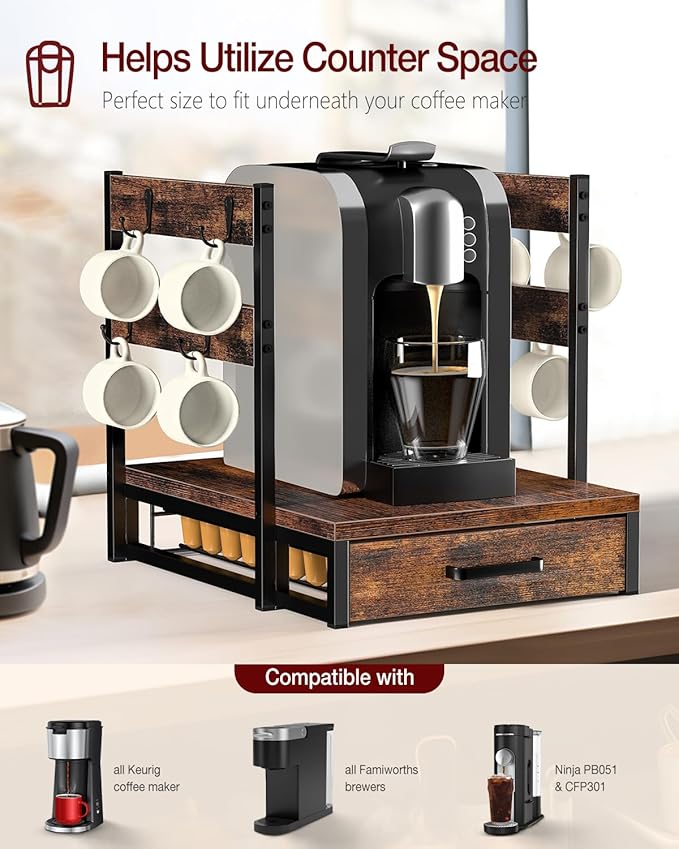 Evermagin Coffee Pod Drawer Compatible with Nespresso Original Line, 63 Pods Coffee Organizer with Cup Holder, Durable Coffee Maker Stand with Storage Drawer, Rustic Brown
