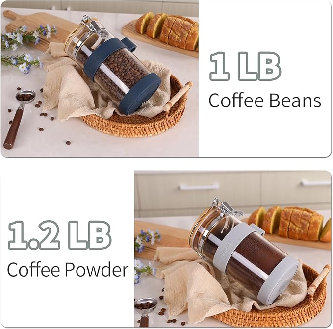 KKC Airtight Coffee Canister, Glass Coffee Bean Storage Contaienr with Silicon Scoop Holder, Non-Slip Silicon Coffee Storage Canister with Spoon for 1 lb Bean,40 Fluid-oz, Indigo