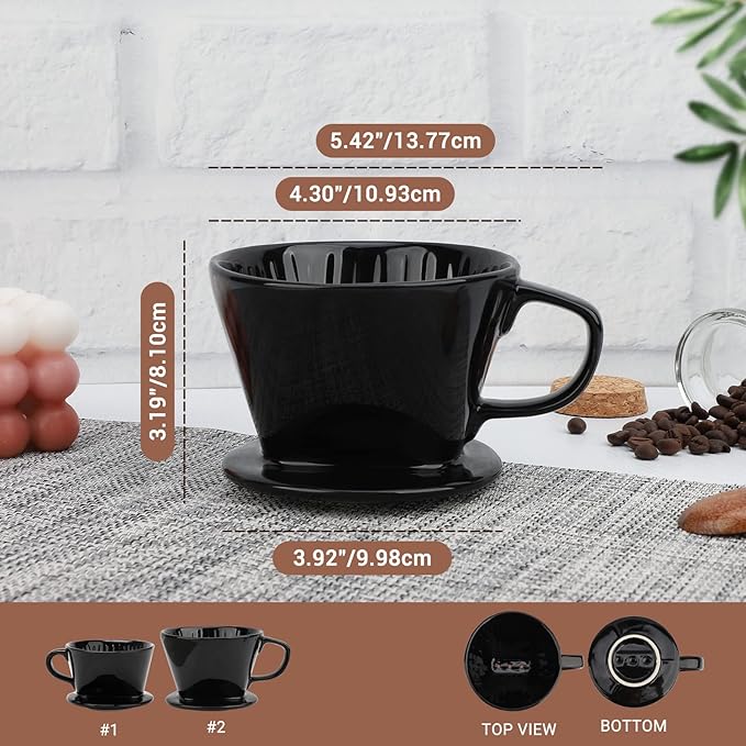 Segarty #2 Pour Over Coffee Maker, Single Cup Black Ceramic Coffee Dripper, 1 Set Size No.2 Reusable Filter Cone Drip Holder Slow Brewer with 3 Holes Flat Bottom for Travel, Camping, Office, Home
