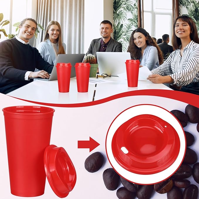 Domensi 15 Pack Reusable Coffee Cups with Lids 16 oz Disposable Travel Cups Bulk Plastic to Go Coffee Tumblers for DIY Hot Cold Drink Party Favors Coworker, Microwaveable (Red)