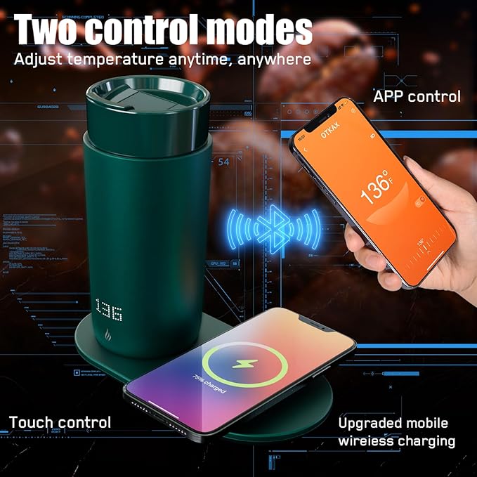 Temperature Control Heated Coffee Mug Smart Self Heating Travel Mug 12 Oz App Controlled Warmer Mug 4-10 Hour LED Display Keep Coffee Hot All Day Fast Wireless Charger Base Jade Green