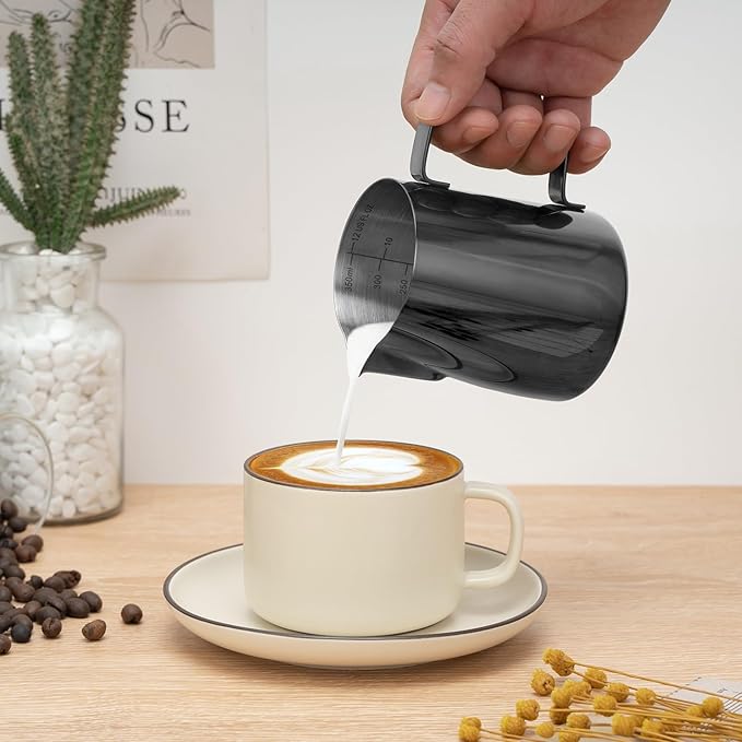 Milk Frothing Pitcher, 12 oz Milk Frother Cup with Clear Scale, 304 Stainless Steel Cappuccino Espresso Machine Accessories for Barista Coffee Bar with Latte Art Pen, Bright Black