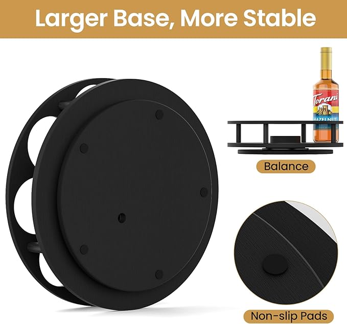 THYGIFTREE Large Rotating Coffee Syrup Organizer 9 Bottles Syrup Rack for Countertop Wood Syrup Bottle Holder Stand for Coffee Bar Station, Turntable Wine Display Tray, Black