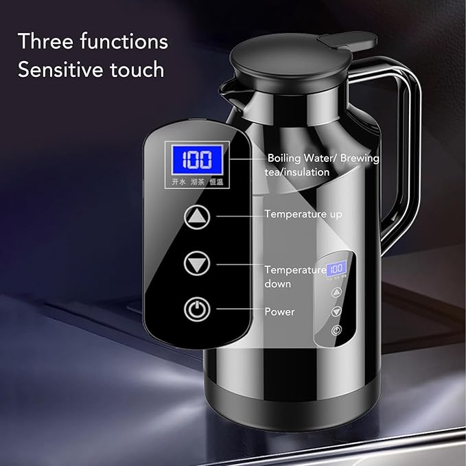 Haofy Portable Car Electric Kettle Hot Water Boiler 200W 1500ml 12V 24V Stainless Steel Display with Cigarette Lighter Plug for Travel