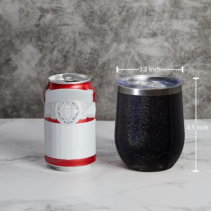 MEWAY Stemless 12oz Wine Tumbler Glasses with Lid -Insulated Double Wall Vacuum Stainless Steel Glitter Tumbler with Straw,for Woman Under 10 dollars(Rainbow Black,1)
