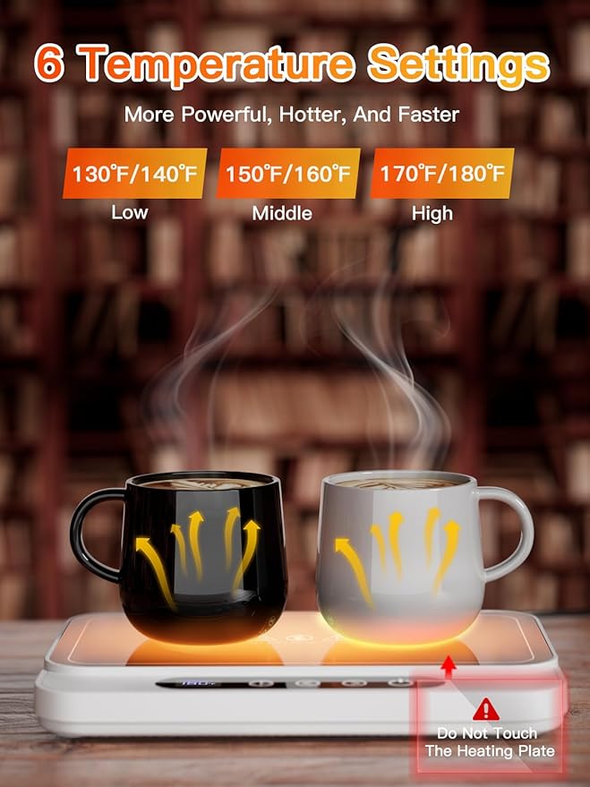 Misby Mug Warmer, 50W Large Heating Panel Coffee Mug Warmer with 6-Temp Settings, 8H Auto Shut-Off, 12H Timer, Ultra-Thin Design, Coffee Cup Warmer for Desk, Ideal for Home, Office, Travel (White)