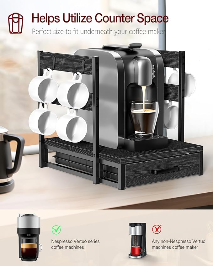 Evermagin Coffee Pod Holder Compatible with Nespresso, Vertuo Pod Holder for 56 Small or 28 Large, Nespresso Capsule Organizer Drawer Coffee Maker Station with Cup Rack, Black