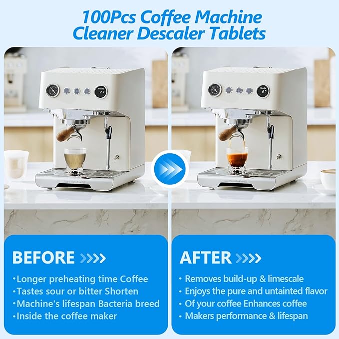 100 Pack Coffee Machine Cleaner Descaler Tablets,Coffee Maker Cleaner for Keurig, Ninja, Breville, Delonghi, Nespresso, Miele,Espresso Machine Cleaning Tabs,Descaling Solution for Coffee Pot Maker