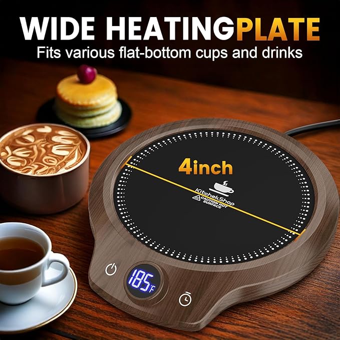 Fast Heating Mug Warmer - 4 Temp Settings & 1-12H Timer, Coffee Cup Warmer Plate for Desk Auto Shut Off, Ideal Beverage Warmer Gift for Coffee, Tea, Milk (Wood)