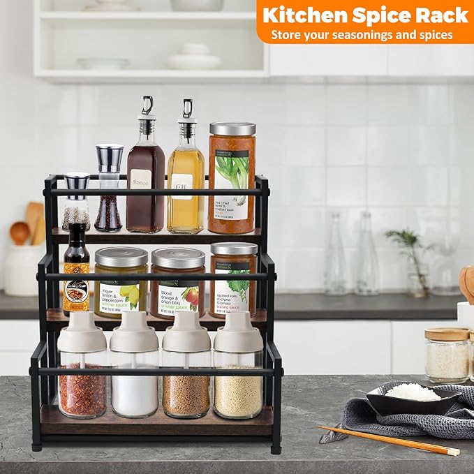 Coffee Syrup Rack - 3-Tier 12 Syrup Bottles Holder - Liquor Bottle Display Shelf - Kitchen Cabinet Organizer for Jars, Condiments - Wooden Countertop Organizer for Seasonings, Tea, or Coffee