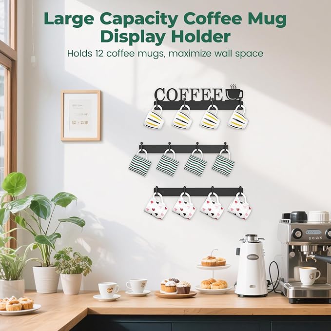 EsLuker.ly Mug Holder Rack Coffee Cup Hanger Wall Mount, Metal Wall Cup Shelf Organizer Stand with 12 Hooks, Fits Most Mugs Display for Home Kitchen, Space-Saving Coffee Bar Enhancer, Set of 3, Black