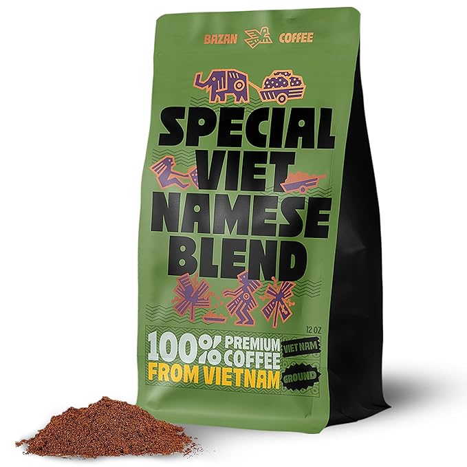 BAZAN COFFEE – Special Vietnamese Blend, Robusta & Arabica, Medium Roast Ground Coffee, Fruity Floral & Caramel Notes, Low Acidity, Perfect with Milk or Phin Filter, 12oz Bag